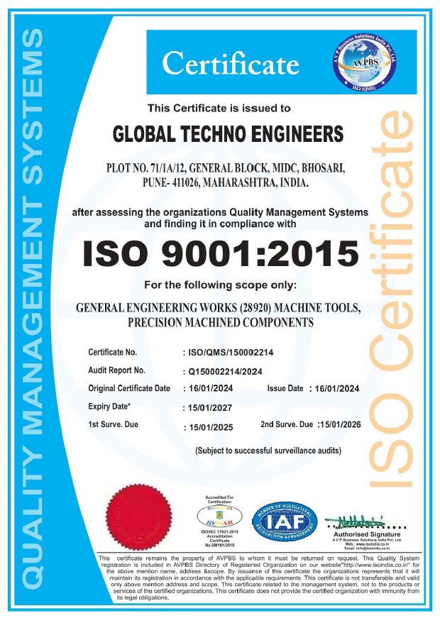 ISO 9001:2015 certificate issued to Global Techno Engineers